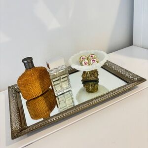 Vintage Hollywood Regency mirror vanity tray wall hanging gold tone filagree